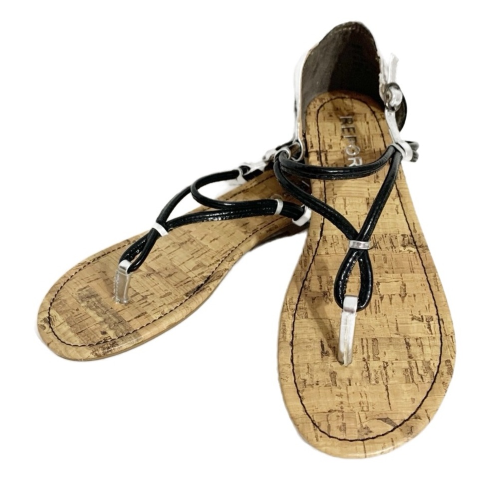 Report Cinda Faux Leather Faux Cork Thong Sandals Heel Back Adjust Ankle Straps